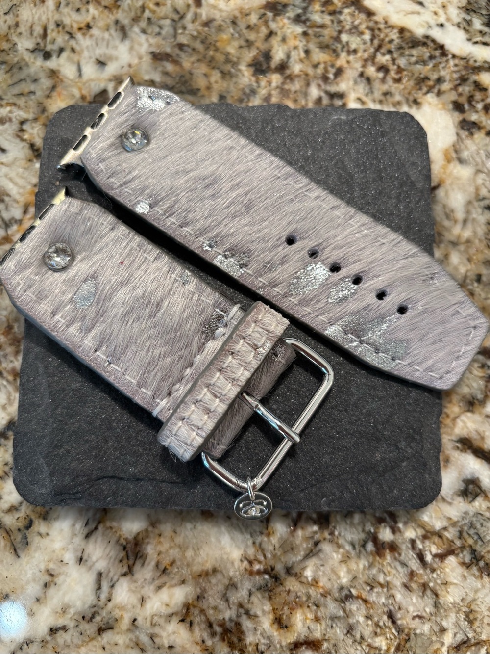Gray Hair-On Leather Watch Band with Silver Accents